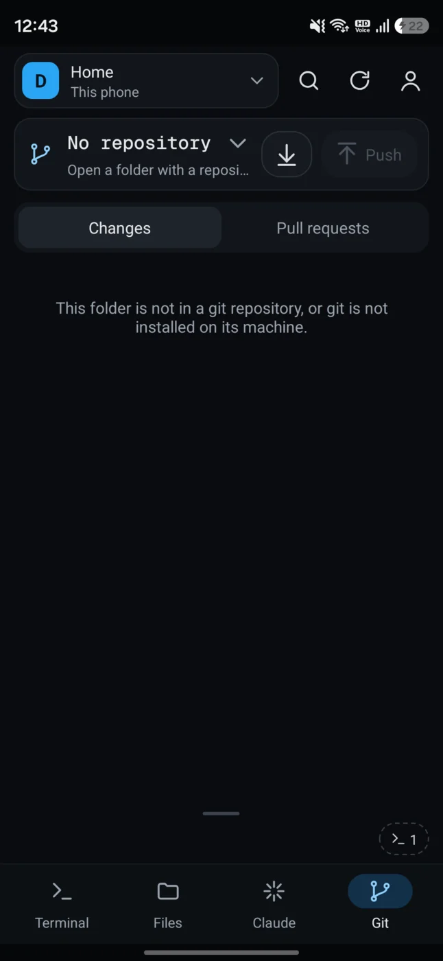 The Git tab, with changes and pull requests.