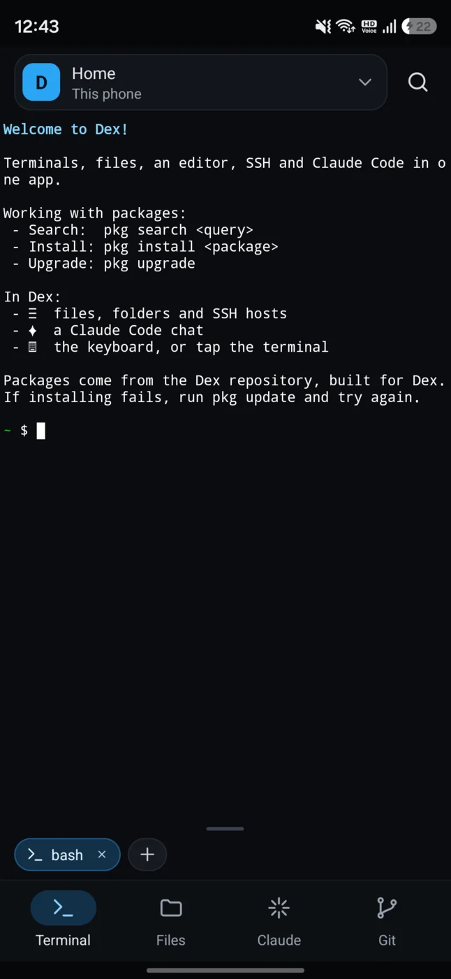 The Dex terminal on a phone, showing the welcome message and the bottom tab bar.
